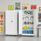 75" Tall Metal Storage Cabinet with Wheels,Rolling Garage Storage Cabinet with Lock,White Metal Cabinets with Wheels and Shelves,Tool Cabinets on Roller for Garage,Home,Office,Shop