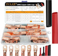SVAAR 34pcs Battery Cable Lugs kit 1/0 Gauge 2 Gauge 4 Gauge Bare Copper Lugs with 5/16" and 3/8" Stud Heavy Duty 0 2 4 AWG Wire Lugs Ring Terminal Connectors Crimp Cable Ends with Heat Shrink Tube