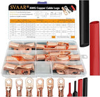 SVAAR 34pcs Battery Cable Lugs kit 1/0 Gauge 2 Gauge 4 Gauge Bare Copper Lugs with 5/16" and 3/8" Stud Heavy Duty 0 2 4 AWG Wire Lugs Ring Terminal Connectors Crimp Cable Ends with Heat Shrink Tube