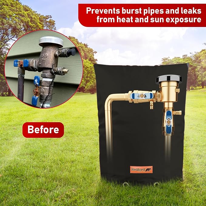 Redford Supply Co. Cold Snap (5°F) Backflow Preventer Insulation Cover, 14"W x 18"H, Pipe Insulation, Water Sprinkler Covers for Outside, Sprinkler Backflow Cover for Winter, Well Pump Bag (Black)