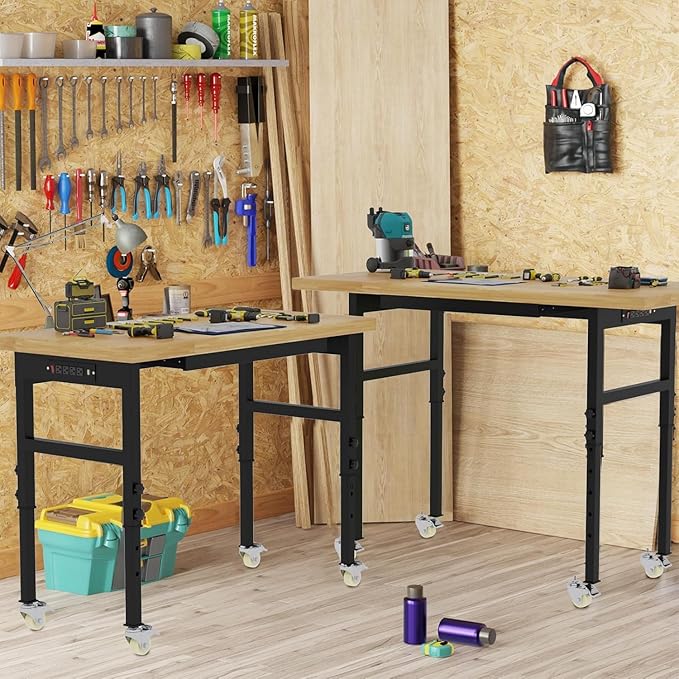 48' Adjustable Workbench, Solid Wood Work Bench Table with Wheels and Power Outlet, Rolling Workbenchs Large Load Capacity Garage Workbench for Workshop,Office,Home