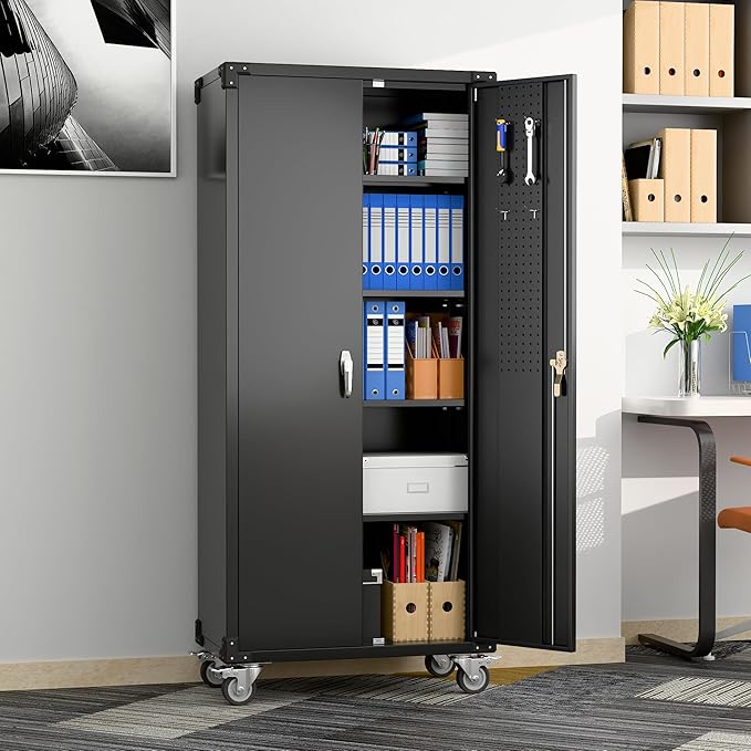 Metal Storage Cabinets with Wheels, 72" Steel Lockable Storage Cabinet with Adjustable Shelves Pegboards and Hooks for Office School Garage Warehouse Utility Room, Assembly Require, Black