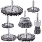 Rocaris 7-Pack Carbon Steel Wire Wheel Brush Set - Cup, Wheel, Pen Brushes with 1/4-Inch Round Shank for Rust Removal, Corrosion and Scrubbing Surfaces