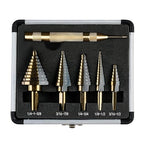 KENDO 5PCS Step Drill Bits with Automatic Center Punch - Black and Gold, High Speed Steel Unibit Step Drill Bit Set, Total 50 Sizes HSS Titanium Step Bits for Metal, DIY Lovers with Aluminum Case