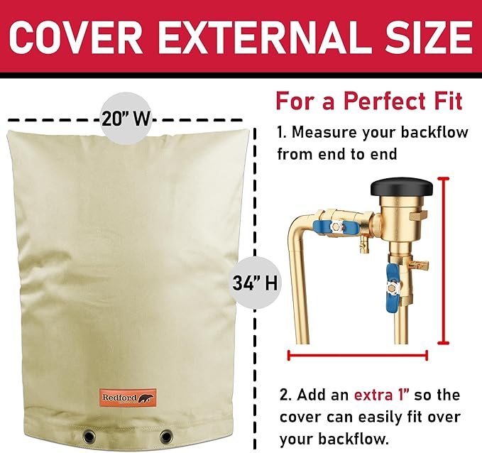 Redford Supply Co. Cold Snap (5°F) Backflow Preventer Insulation Cover, 20"W x 34"H, Pipe Insulation, Water Sprinkler Covers for Outside, Sprinkler Backflow Cover for Winter, Well Pump Bag (Beige)