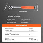 VEVOR 1/4-inch Drive Click Torque Wrench, 20-200in.lb/3-23n.m Mechanical Dual Range Scales, Dual-Direction Adjustable with Adapters Extension Rod