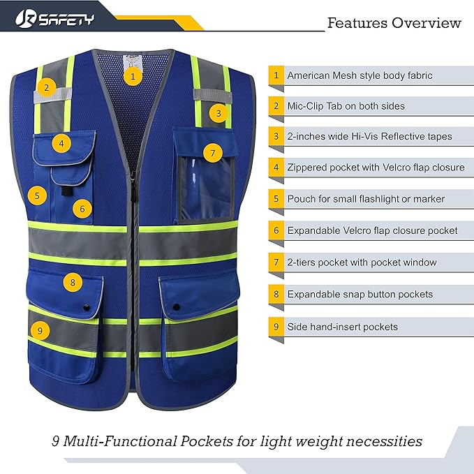 JKSafety 9 Pockets High Visibility Zipper Front MESH Blue Safety Vest | Blue with Dual Tone High Reflective Strips | ANSI/ISEA Standards (100-Blue, XL)