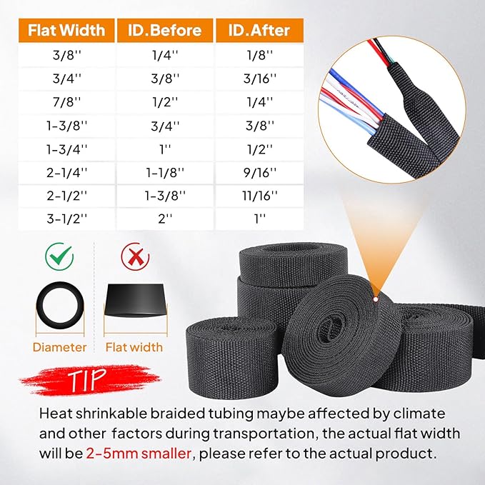 Black 2:1 Ratio Automotive Heat Shrink Braided Sleeving,Wear-Resistant Flat Woven Shrinkable Sleeve Fabric Car Cable Wires Hoses Protection (2''-35ft)