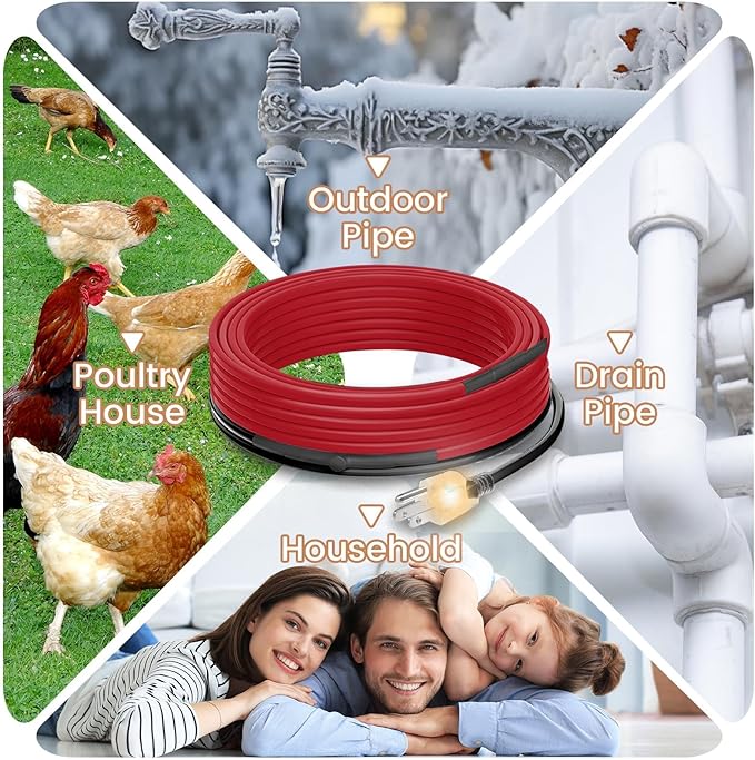 45 FT Heat Tape for Water Pipes Freeze Protection with Thermostat, Electric Heat Trace Pipe Heating Cable Energy-Saving 120V 7W/FT