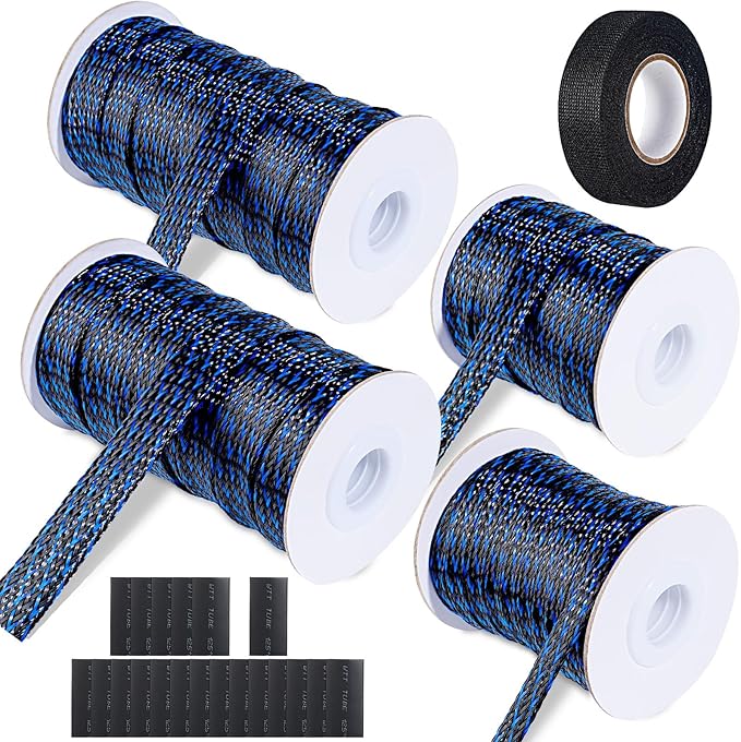 132 ft Expandable Braided Cable Sleeve Wire Loom PET Wire Sleeving，Wrap Management Mesh for Audio Video and Other Home Device Cable Automotive Wire - (1/2 Inch, 1/4 Inch, 2/5 Inch,3/4 Inch,Blue)