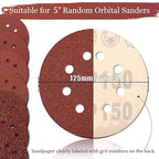 100 PCS 150 Grit 5 Inch Sanding Discs, Hook and Loop Sandpaper for Random Orbital Sander