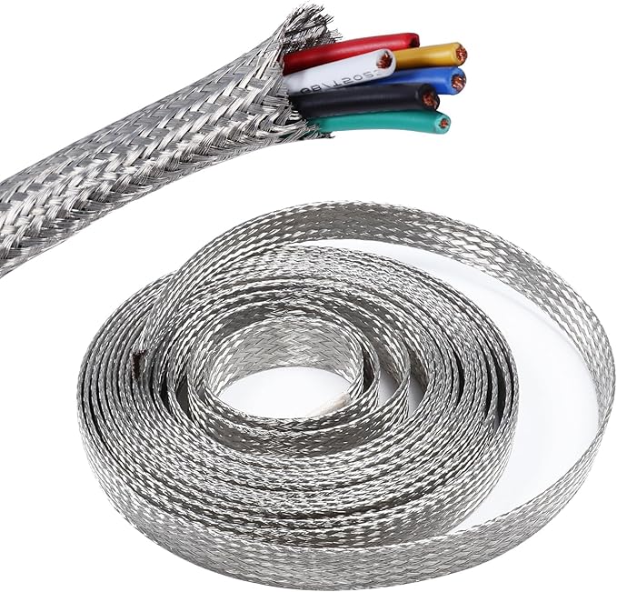 Tinned Copper Wire Shielding Sleeve, Expandable Ground Strap Wiring Braided Sleeving Metal Mesh Sheathing Cabling Wiring Protector (1/2inch - 12ft)