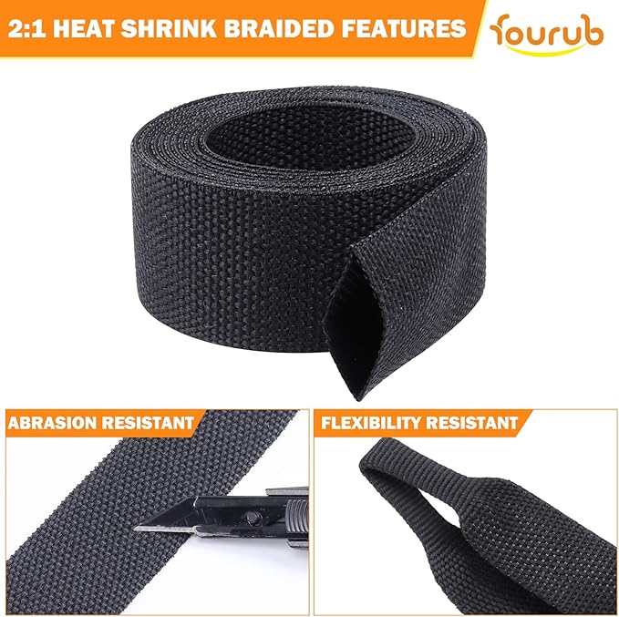 50% Ratio Heat Shrink Automotive Wire Loom Shrinkable Braided Sleeving Fabric Shrink Tubing Wear-Resistant Woven Wire Sheathing(1-1/8"-10ft)