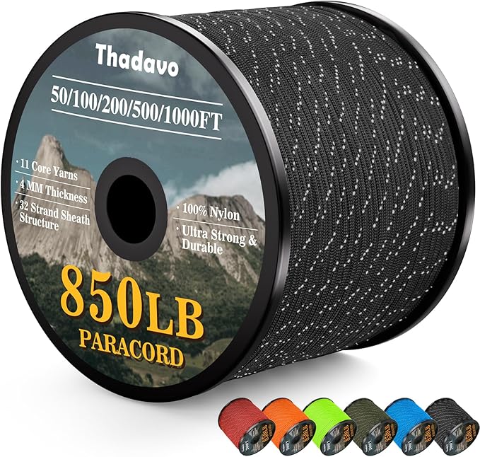 Reflective Paracord Rope 850Ib, 50/100/200/500/1000ft 4MM 11 Strand para Cords Lanyard Utility Parachute Cord for Tent Camping Fishing Survival Tactical Clothesline DIY Projects, Black 200FT