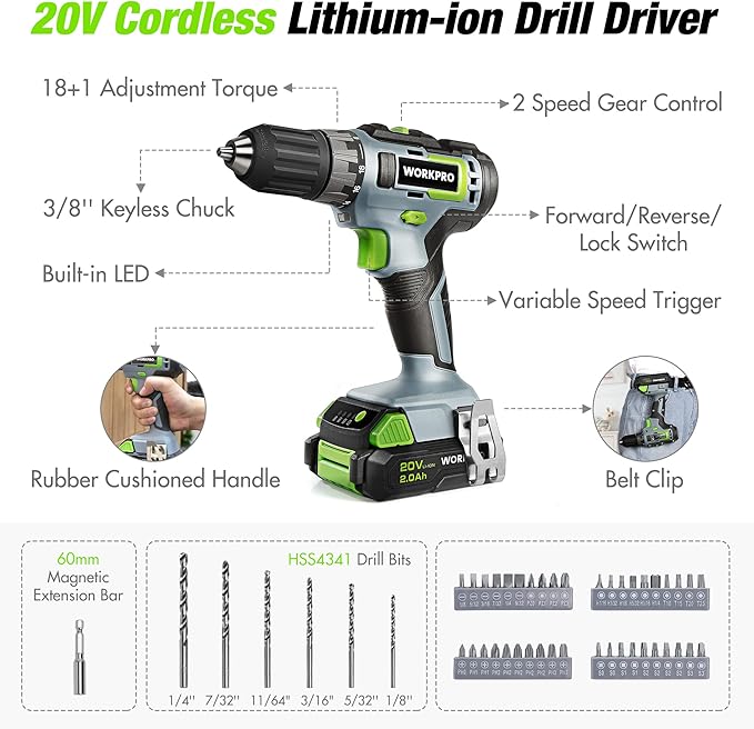 WORKPRO Home Tool Set With 20V Cordless Lithium-ion Drill Driver, 157PCS All-Purpose Kit, Power Drill Combo With Tool Bag