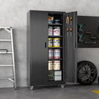 Garage Storage Cabinet with Wheels & Pegboard, 71" H×34" W×18" D Locking Metal Storage Cabinet with 2 Doors and 5 Adjustable Shelves for Garage Workshop Home, Black, Assembly Required