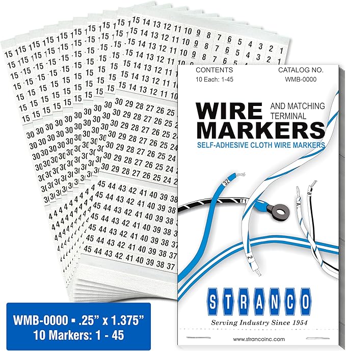 Premium Wire Marker Book for Cable Management, Vinyl-Coated, High-Tack Adhesive, Electric Panel Wire Label Stickers - 10 Pages, 1 Book, Numbered 1-45 (Pack of 10)