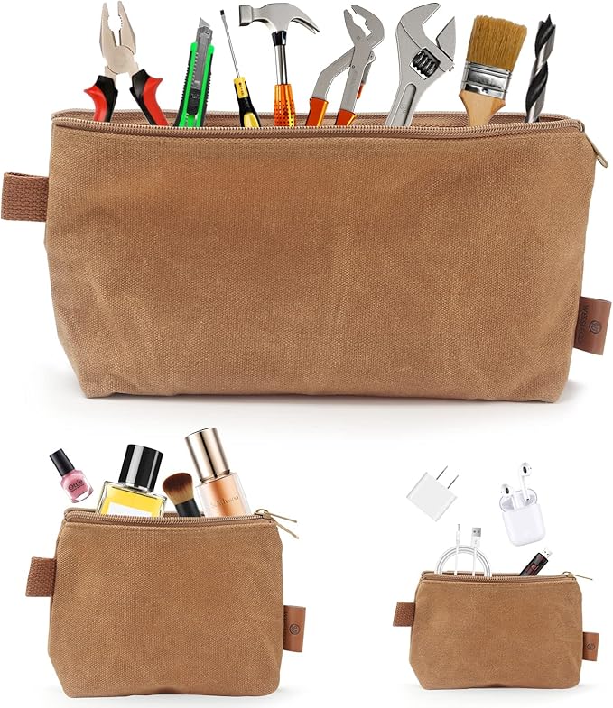Canvas Zipper Pouch, 3 Pack Small Tool Pouch Organizer, Heavy Duty 16OZ Waxed Canvas Mini Zipper Bag Pouch, 5.7/6.7/12.3 Inch Tool Multipurpose Water Resistant Storage Pouches