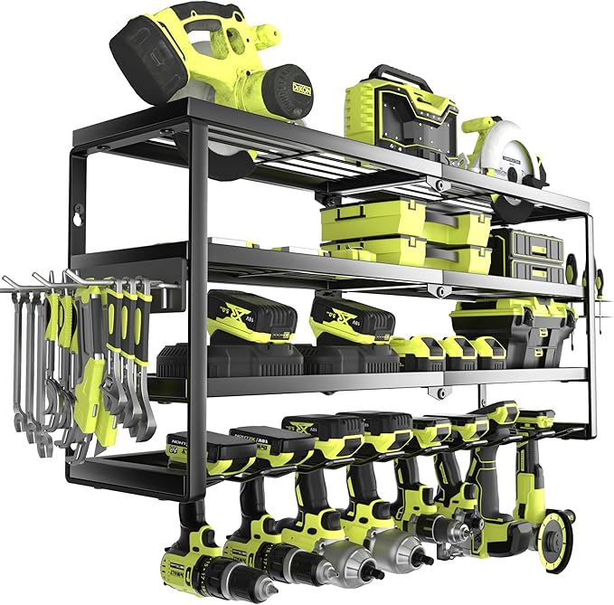 4 Layer Power Tool Organizer Wall Mount, Battery Tools Holder with Charging Station Shelf, Cordless Drill Hanger Storage Rack for Garage Organization, Workshop, Pegboard - 32 Inch 8 Slots