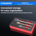 3-Piece Ratchet Set - 1/4, 3/8, 1/2 Inch Drive Socket Wrench Set - 72-Tooth Reversible Colorful Ratchet With IXPE Storage Tray