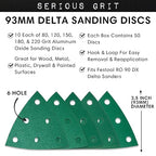 3.5-Inch (93mm) Triangle Sanding Sheet Assortment - 80, 120, 150, 180, 220 Grit (10 of Each) - Fits Festool Rotex RO 90 Delta - Hook & Loop Sandpaper for Detail Sanders - 50 Pack Box