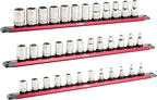 ARES 60171-3-Piece 15.5-Inch Red Twist Lock Magnetic Socket Rail Set - Store 12 Metric or SAE Sockets on Each Rail and Keep Your Tool Box Organized – Magnetic Base for Easy Socket Organization