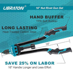 LIBRATON 16" Rivet Nut Tool, Rivet Nut Gun, Hand Rivet Nut Setter with 110PCS Rivet Nuts, 11PCS Metric & SAE Interchangeable Mandrels and Carrying Case, Easy Replace