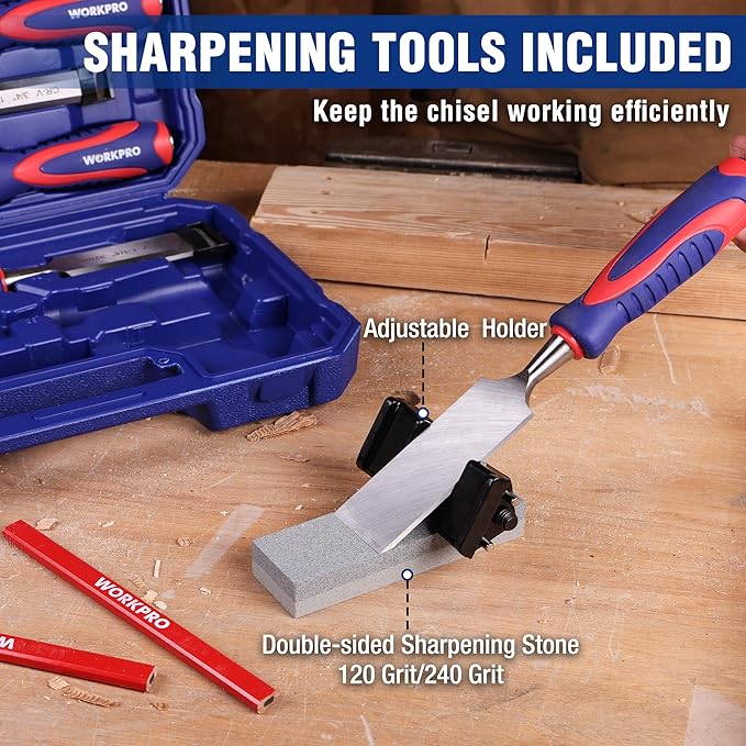 WORKPRO 10-Piece Wood Chisel Set for Woodworking, Cr-V Bevel Edge Chisels (1/4", 1/2", 3/4", 1", 1-1/4", 1-1/2") with Sharpening Stone, Honing Guide, Carpenter Pencils & Storage Case