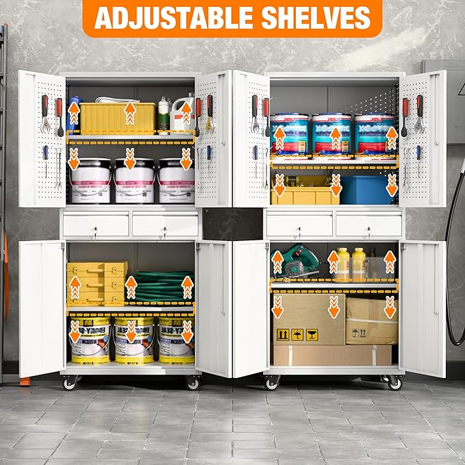 71" H Metal Garage Storage Cabinet with Wheels and Doors,Rolling Tool Cabinet with Pegboard and 2 Lockable Drawer for Garage Warehouse Home,Required Assembly,Grey and White
