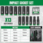 SK 3/8" Drive Impact Socket Set, Deep Metric Sockets, 13-Piece 8 to 21mm, Premium CR-MO Steel, SureGrip 6 Point Design, with Aluminum Socket Organizer