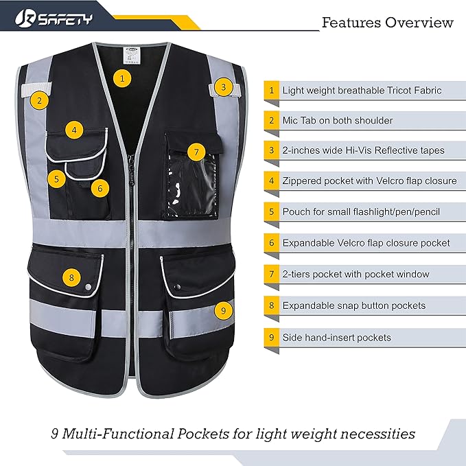 JKSafety 9 Pockets High Visibility Black Safety Vest for Men and Women, Hi-Vis Reflective Safety Vests with Zipper Front, Meet ANSI/ISEA Class 1 Standards (150-Black, Medium)