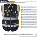 JKSafety 9 Multi-Functional Pockets Zipper Front Safety Vest With Reflective Strips Meet ANSI/ISEA Standards (150-Black, XX-Large)