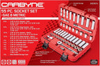 CARBYNE 3/8" Drive 6 Point Socket & Ratchet Set - 55 Piece | SAE & Metric. Includes Metric 8mm to 19mm, SAE 5/16" to 3/4". Chrome Vanadium Steel • From a Family-Run Tool Company Based in the U.S.A.