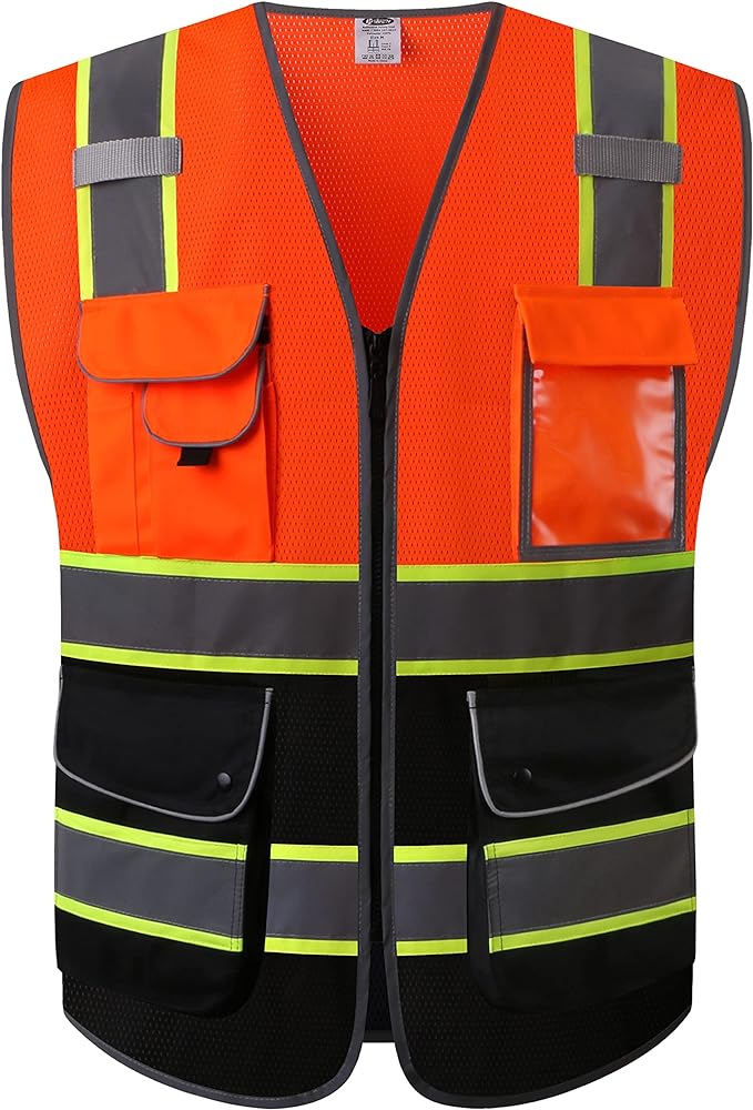 JKSafety 9 Pockets Class 2 High Visibility Dual Color Zipper Front MESH Lite Safety Vest | Yellow Color Triming Reflective Strip | ANSI/ISEA Standards (100-Orange-Black,3XL)