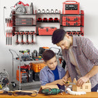 Power Tool Organizer with Charging Station Wall Mount, 3 Layer Expanded Heavy Duty Garage Organization, 45.5 Inch Length Garage Tool Storage, 8 Drills, 2 Assemble Method, Red