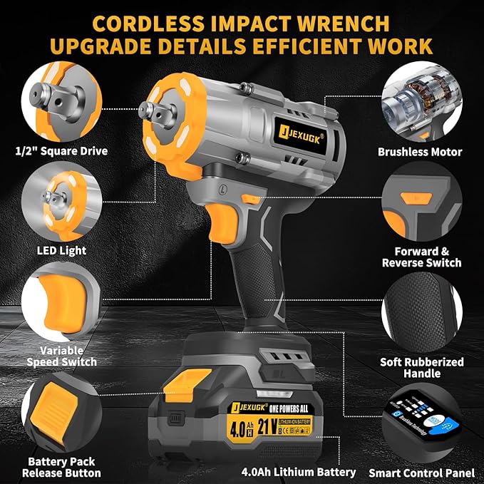 1600Nm Cordless Impact Wrench, 21V 1/2" 1180Ft-lbs Impact Gun wiht 2 x 4.0Ah Battery, High Torque Pistola De Impacto with 6 Sockets, Brushless Llave De Impacto Driver for Truck/Car/Mower