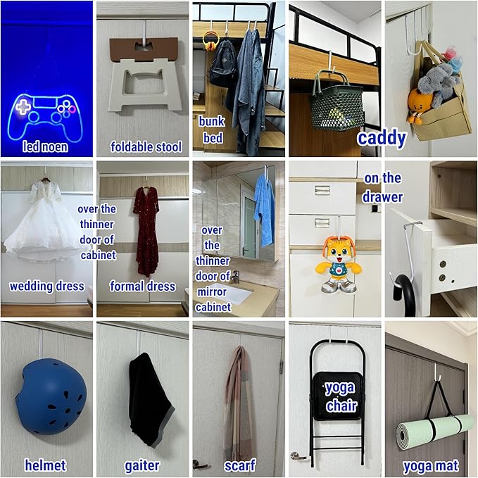 Over The Door Metal Hooks with Plastic Coating 5.5" Fit 0.5" to 1 3/8" Door 6 Pcs Heavy Duty Single Towel Robe Rack Wreath Bathroom Shower Hanger Shoe Organizer Ironing Board Short White