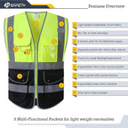 JKSafety 9 Pockets High Visible Reflective Safety Vest Zipper Front Breathable Lining, Yellow-Black Meets ANSI/ISEA Standards(150-Yellow-Black M