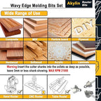 3Pcs Wavy Edge Molding Router Bits,1/4" Shank,3/4" Cutting Height ,3/8" Cutting Depth for Wood Table Edging,Picture Frames Profiling,Furniture Moulds Projects with Bearing Guided(3 Units/Pack)