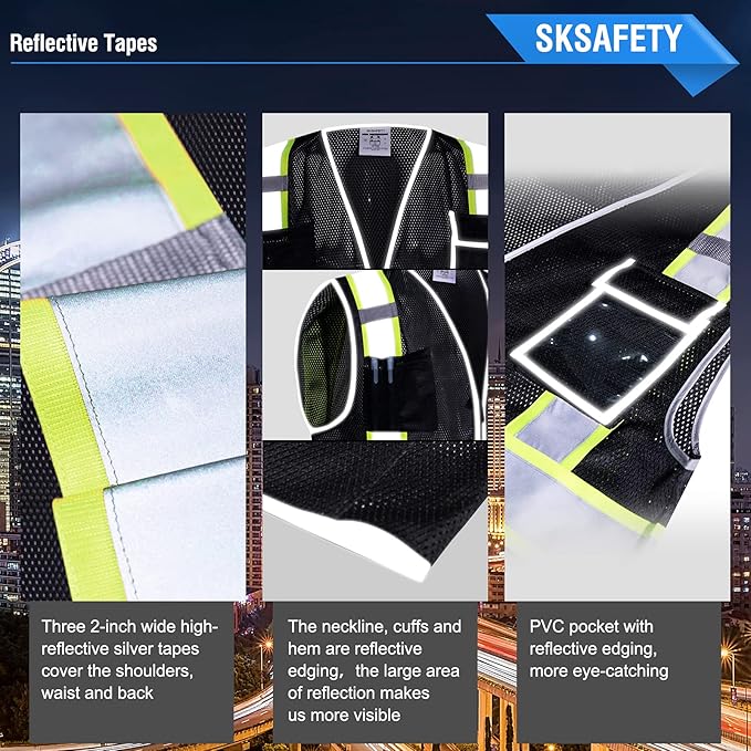 SKSAFETY 10 Pockets Safety Vest, Class 2 High Visibility Security with Zipper Double-sided mesh, Hi Vis Vest with Reflective Strips, ANSI/ISEA Standard, Construction Work Vest （Black, 3XL）