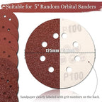 100 PCS 100 Grit 5 Inch Sanding Discs, Hook and Loop Sandpaper for Random Orbital Sander