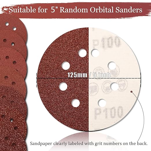 100 PCS 100 Grit 5 Inch Sanding Discs, Hook and Loop Sandpaper for Random Orbital Sander