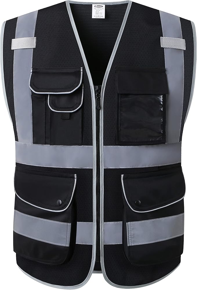 JKSafety 9 Pockets High Visibility Safety Vest for Men and Women, Hi-Vis Reflective Black Safety Vests with Zipper Front, Meet ANSI/ISEA Standards(159-Black M)
