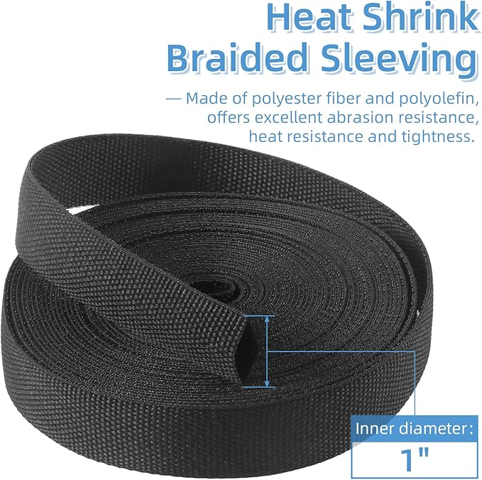 2 in 1 Heat Shrink Braided Sleeving, 1 Inch Shrinkable Fabric Sleeve Heat Shrink Insulating Tubing for Hose/Cable/Wire Protection (1"(25mm), 30FT)
