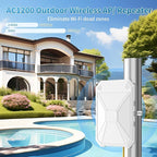 AC1200 Outdoor WiFi Extender, 5GHz /2.4GHz Outdoor WiFi Extender Signal Booster, IP67 Weatherproof, Passive PoE, Repeater/AP/Router Mode, Extend WiFi for Outdoor Camera, Patio, Garage, Farm