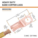 SELTERM 2pcs 2 AWG 3/8" Stud Copper Wire Lugs, Battery Lugs, Ring Terminals, Battery Cable Ends, 2 Gauge Ring Terminal Connectors, UL Heavy Duty Bare Copper Eyelets Battery Terminal Connectors