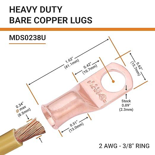 SELTERM 2pcs 2 AWG 3/8" Stud Copper Wire Lugs, Battery Lugs, Ring Terminals, Battery Cable Ends, 2 Gauge Ring Terminal Connectors, UL Heavy Duty Bare Copper Eyelets Battery Terminal Connectors