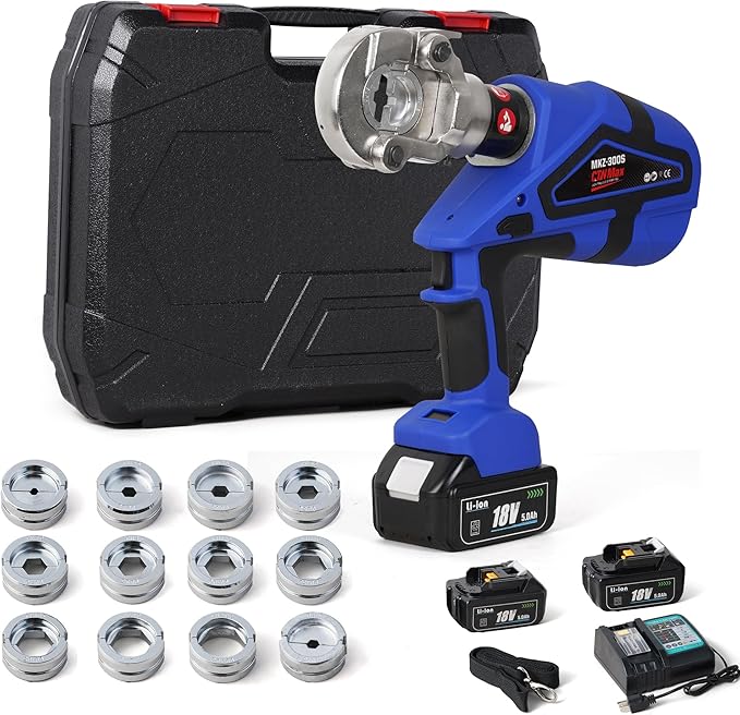Electric Hydraulic Cable Lug Crimper Pliers Rechargeable Crimping Tool 6 Ton Electrical Terminal Cable Wire Fiber Crimper Kit with 11 Dies (MZ-MKZ-300)