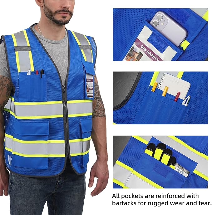 Dib Safety Reflective Mesh Vest High Visibility Two Tone with Pockets and Zipper, Blue Mesh with Yellow Trim 4X