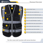 JKSafety 9 Pockets High Visibility Safety Vest for Men and Women, Hi-Vis Reflective Black Safety Vests with Zipper Front, Meet ANSI/ISEA Standards (159-Black 3XL)